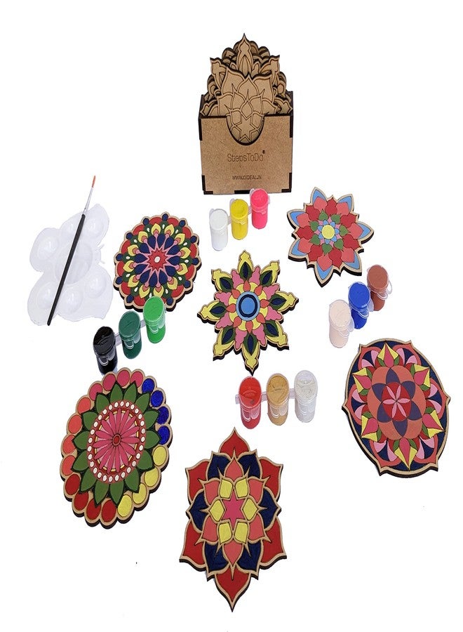 StepsToDo Mandalas Paint Kit D - Tea Coaster Art Set | Mandal Art, Set of 6 Bases (4 Inch) with Case, Colours, Painting Brush & Dish - Image 4